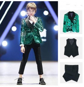 Children's suit flower boys formal dress suit set Green sequins jazz dance blazers vest pants host pianist Catwalk performances costumes